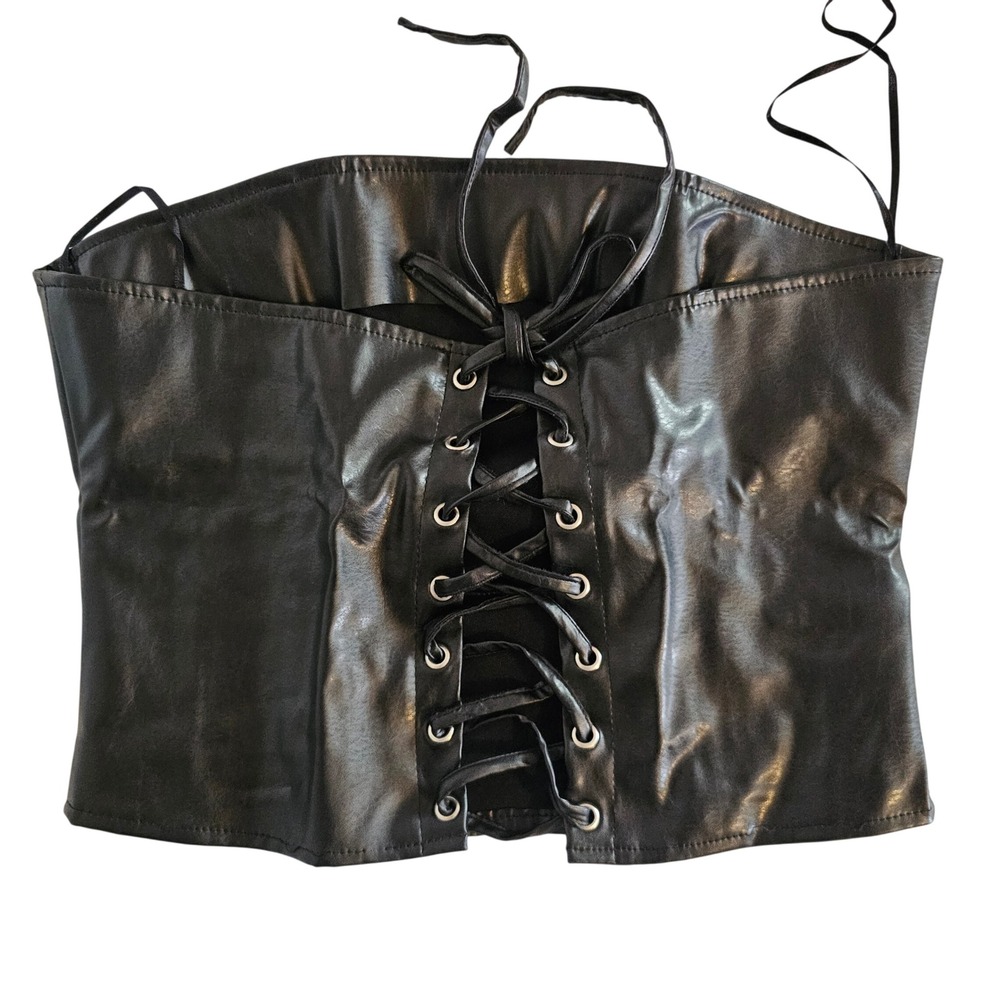 HIGHWAY Black Faux Leather Corset‎ Top Lace Up Bustier Halter Straps Size M
